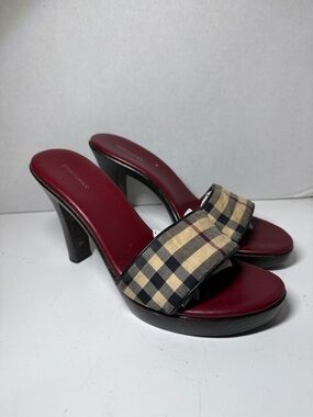 Burberry Women's Red Plaid Slide Wood Heels 8.5